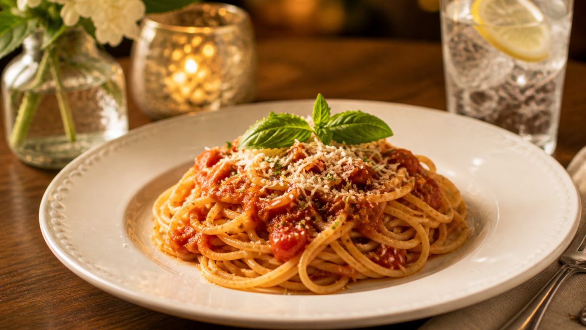 created stock pasta spaghetti with garnish