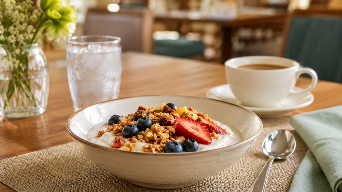 stock greek yogurt and fruit bowl created